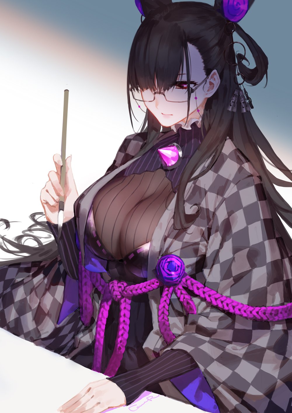 1girl, black_hair, breasts, calligraphy_brush, cancer_(zjcconan), checkered_clothes, cone_hair_bun, double_bun