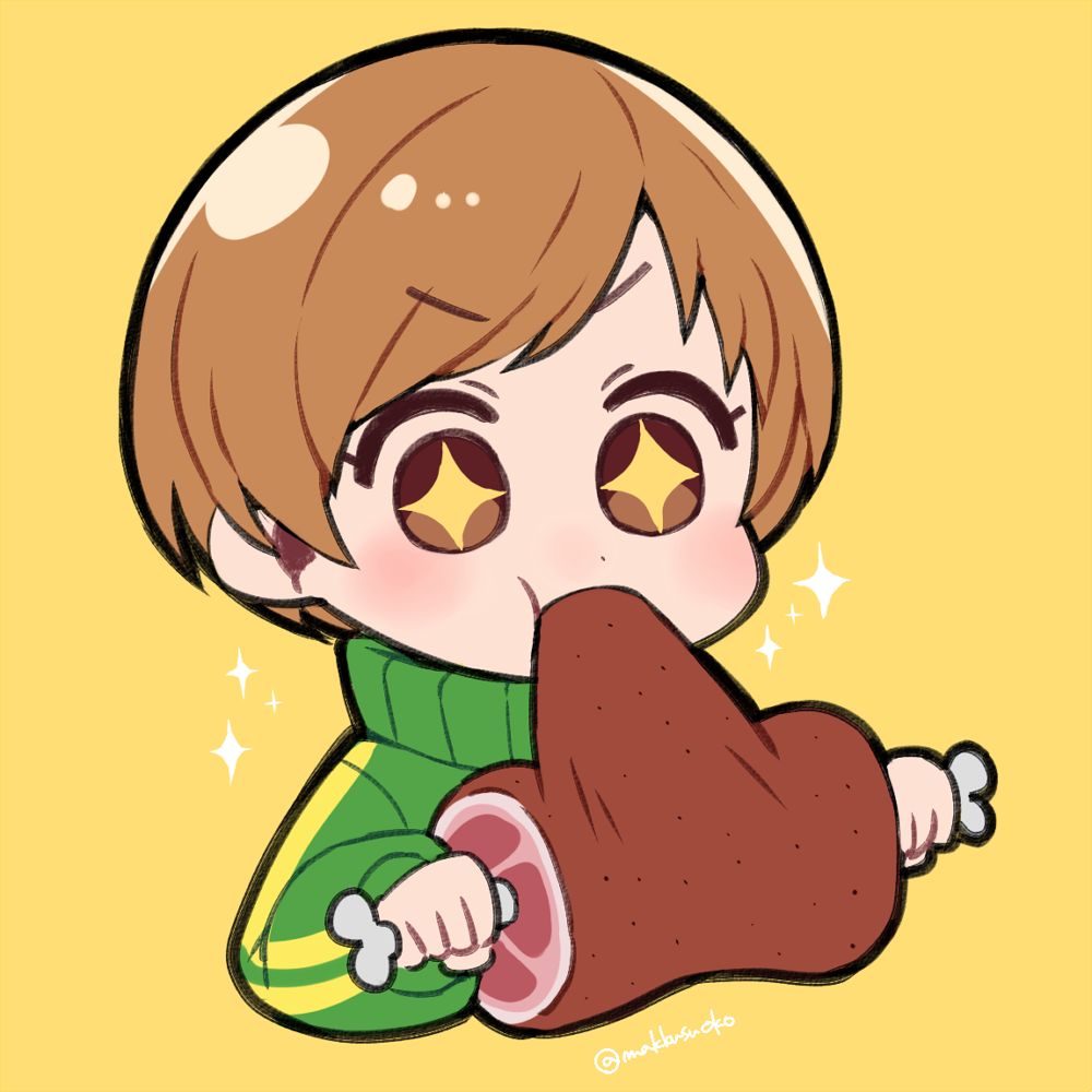 +_+, 1girl, blush, boned_meat, brown_eyes, brown_hair, chibi, commentary_request, do_m_kaeru, eating, female_focus, food, food_in_mouth, full_mouth, green_jacket, green_theme, holding, holding_food, holding_meat, jacket, light_brown_hair, long_sleeves, meat, mouthful, open_mouth, persona, persona_4, satonaka_chie, short_hair, simple_background, solo, sparkle, star-shaped_pupils, star_(symbol), symbol-shaped_pupils, tomboy, track_jacket, twitter_username, yellow_background