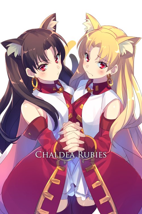 2girls, animal_ears, black_hair, blonde_hair, cat_ears, cat_tail, cosplay, earrings, echo_(circa), elbow_gloves, ereshkigal_(fate), fate/grand_order, fate_(series), fingerless_gloves, gloves, hoop_earrings, ishtar_(fate), jewelry, kaleido_ruby, kaleido_ruby_(cosplay), long_hair, multiple_girls, red_eyes, siblings, sisters, tail, tohsaka_rin, toosaka_rin