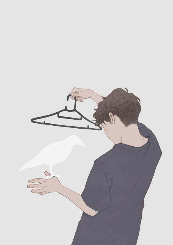 1boy, bird, black_shirt, brown_hair, clothes_hanger, commentary, cynthia_tedy, english_commentary