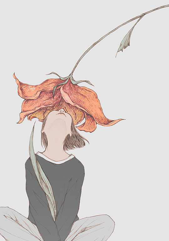 ambiguous_gender, black_shirt, brown_hair, commentary, cynthia_tedy, english_commentary, flower, grey_background, grey_pants, indian_style, long_sleeves, looking_up, muted_color, original, oversized_flower, pants, red_flower, shirt, short_hair, simple_background, sitting, solo