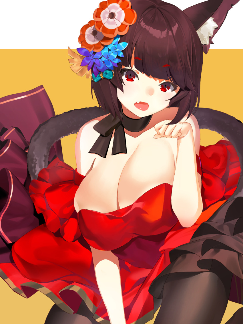 1girl, animal_ear_fluff, animal_ears, azur_lane, bare_shoulders, black_hair, black_pantyhose, breasts