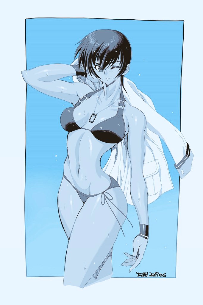 1girl, bikini, black_hair, blue_background, blue_border, border, breasts, commentary_request