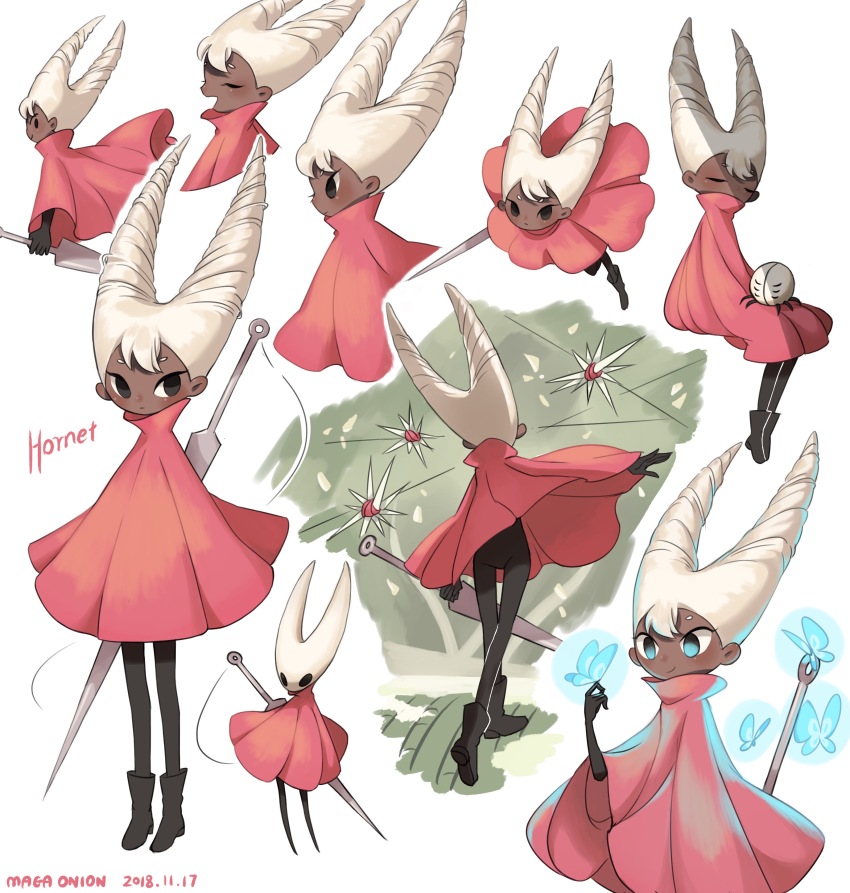 1girl, absurdres, animification, bodysuit, boots, bug, butterfly, character_name, cloak, dark-skinned_female, dark_skin, dated, drill_hair, glowing_butterfly, highres, hollow_knight, hornet_(hollow_knight), humanization, insect, looking_at_viewer, looking_to_the_side, maga_(comicfans100), multiple_views, needle, needle_(hollow_knight), painting_(medium), red_cloak, sleeping, smile, traditional_media, watercolor_(medium), white_hair