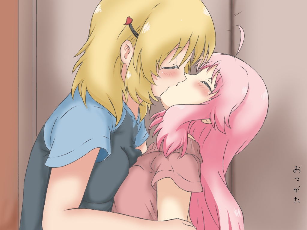 10s, 2girls, ahoge, anima_yell!, asymmetrical_docking, bad_id, bad_pixiv_id, blonde_hair, blush, breast_press, breasts, closed_eyes, eyebrows, hair_ornament, hatoya_kohane, heart, heart_hair_ornament, hug, kiss, large_breasts, long_hair, multiple_girls, pink_hair, sawatari_uki, shiny_skin, short_hair, size_difference, user_wdah5747, yuri