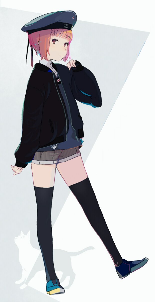 1girl, anchor, animal, black_jacket, black_thighhighs, blunt_bangs, brown_eyes, brown_hair, brown_shorts, cat, closed_mouth, clothes_writing, female_focus, full_body, hat, highres, jacket, kantai_collection, looking_at_viewer, peaked_cap, sailor_hat, shirt, shoes, short_hair, shorts, solo, standing, standing_on_one_leg, thighhighs, turtleneck, white_background, you_(yawnmgmg), z3_max_schultz_(kancolle)