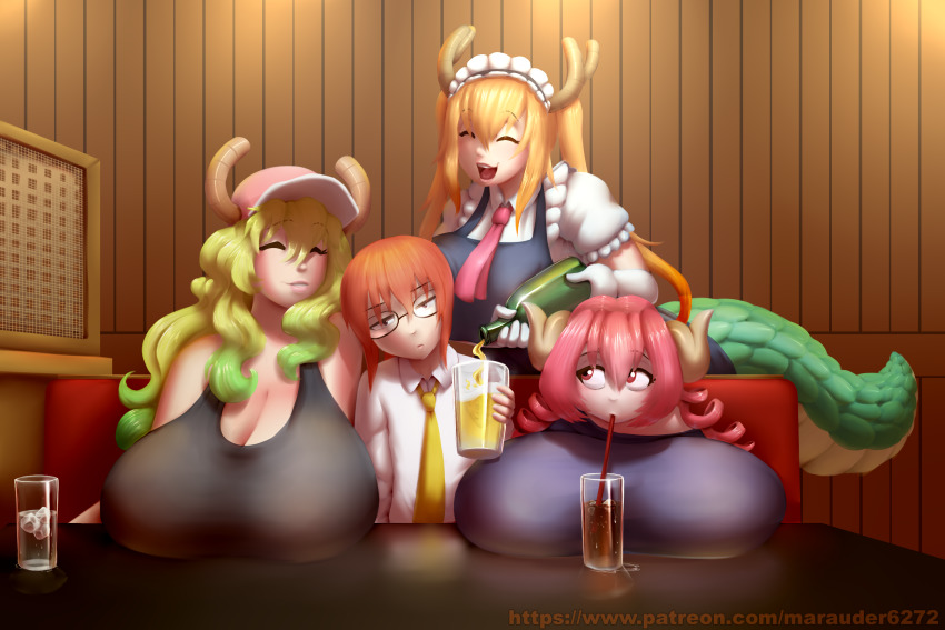 10s, 4girls, blonde_hair, blush, bottle, breast_envy, breast_press, breast_rest, breasts, brown_hair, cleavage, closed_mouth, collared_shirt, dragon_girl, dragon_horns, dragon_tail, dress, dress_shirt, closed_eyes, flat_chest, glasses, green_hair, highres, holding, holding_bottle, horns, huge_breasts, indoors, ilulu_(maidragon), kobayashi-san_chi_no_maidragon, kobayashi_(maidragon), large_breasts, long_hair, marauder6272, multiple_girls, necktie, open_mouth, parted_lips, pink_hair, lucoa_(maidragon), red_eyes, shirt, short_hair, shortstack, sitting, smile, tail, tohru_(maidragon), white_shirt, wing_collar, yellow_neckwear