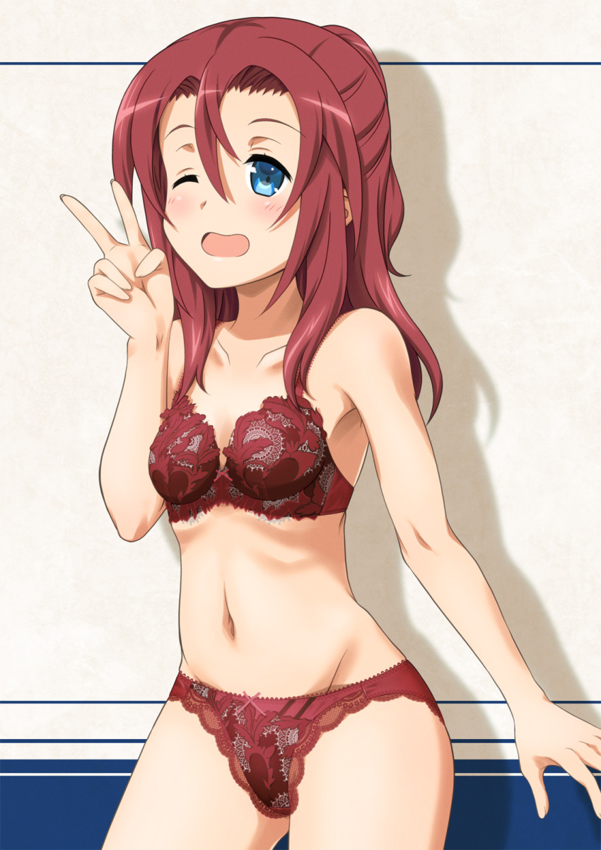 1girl, blue_eyes, blush, bra, breasts, cleavage, collarbone, cowboy_shot