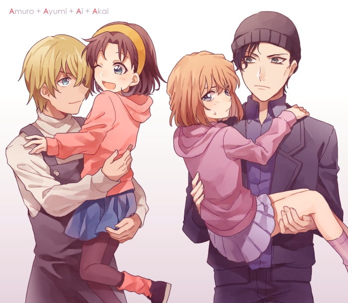 2boys, 2girls, ;d, akai_shuuichi, amuro_tooru, apron, black_apron, black_hair