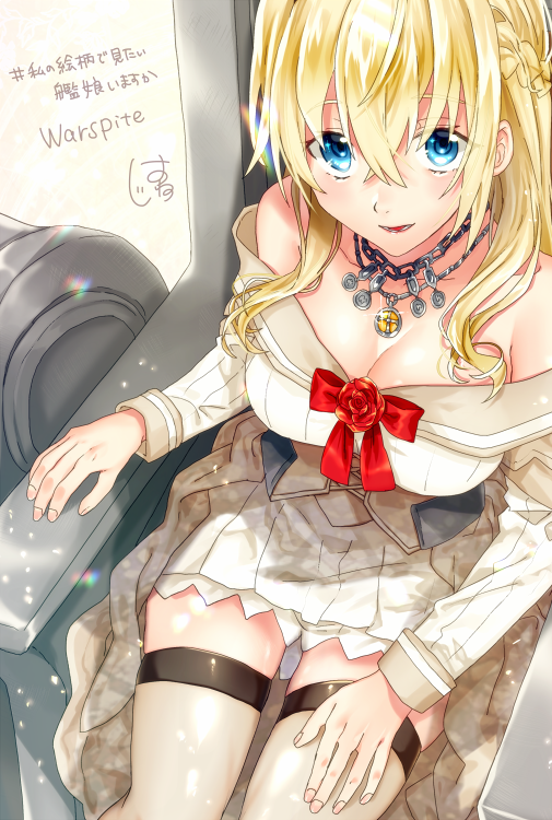 1girl, bare_shoulders, blonde_hair, blue_eyes, blush, braid, breasts, cleavage