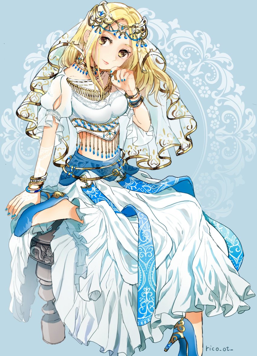1girl, absurdres, anklet, arabian_clothes, armlet, blonde_hair, breasts, circlet