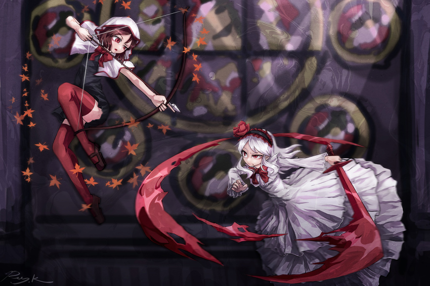 2girls, arrow_(projectile), black_dress, bow, bow_(weapon), bowtie, brown_hair, capelet