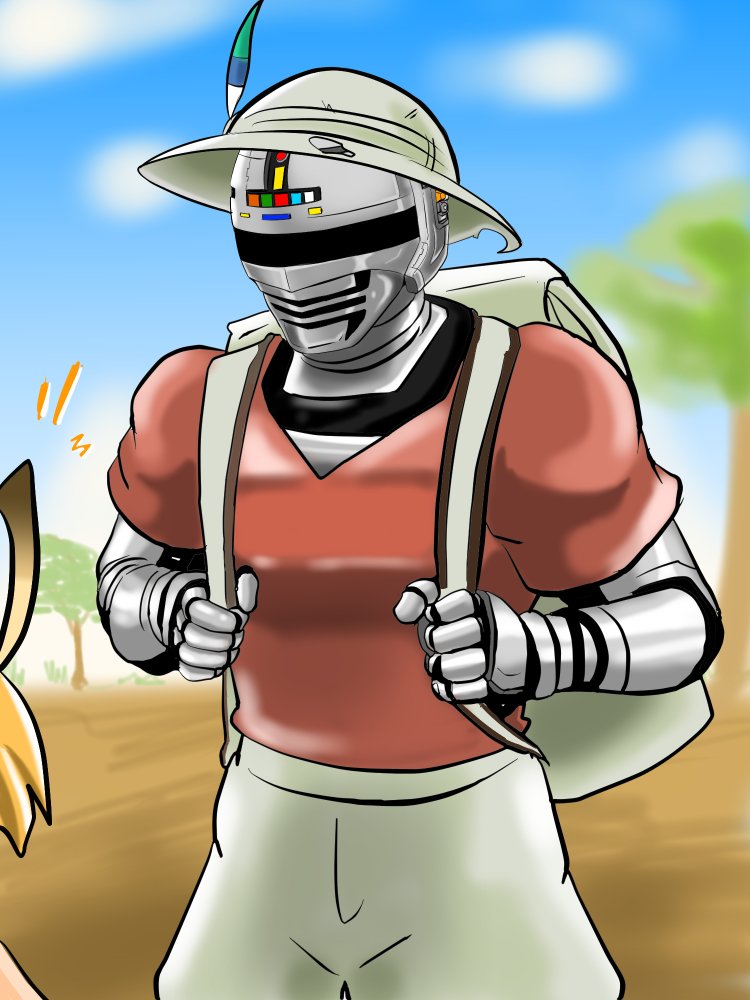 ^^^, animal_ears, armor, backpack, bag, blue_sky, cloud, cosplay