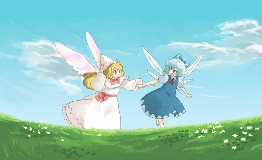 2girls, bad_id, bad_pixiv_id, blonde_hair, blue_dress, blue_eyes, blue_hair, bow