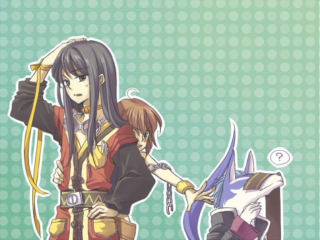 1boy, 1girl, black_hair, brown_hair, chain, cosplay, costume_switch, dog