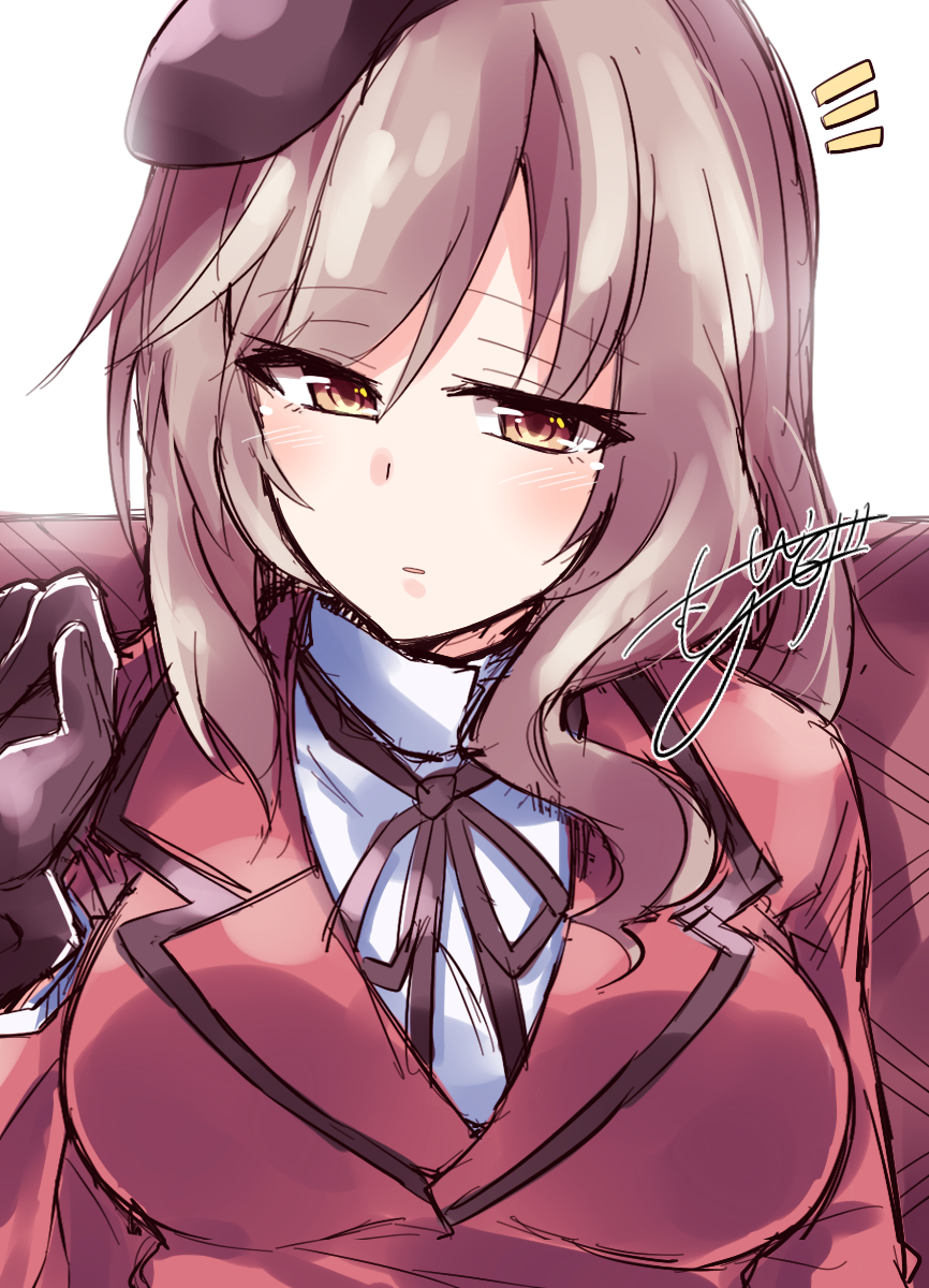 1girl, beret, black_gloves, black_ribbon, blouse, blush, brown_eyes, brown_hair