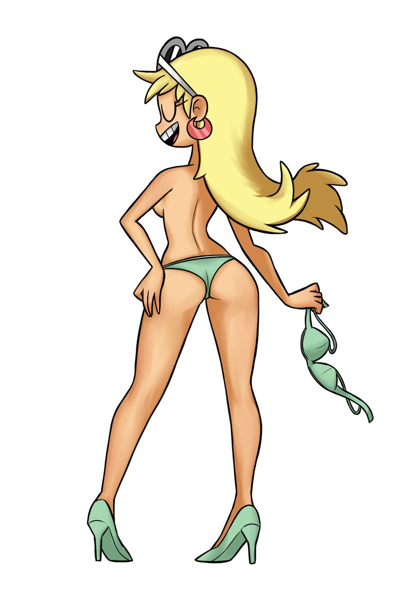 1girl, ass, bikini, blonde_hair, bra, breasts, earrings, eyewear_on_head, high_heels, highres, hoop_earrings, jewelry, large_breasts, leni_loud, long_hair, panties, runningpigeon73, swimsuit, the_loud_house, underwear