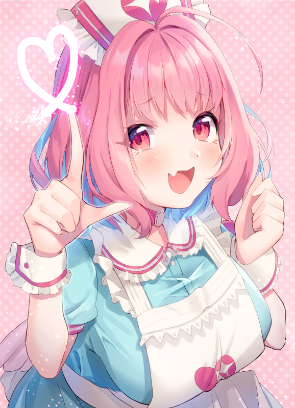 1girl, ahoge, apron, blue_hair, blue_shirt, blue_skirt, blush, breasts