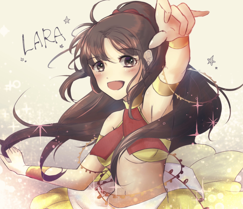 1girl, artist_name, blush, bracelet, brown_eyes, brown_hair, character_name, dancer, female_focus, fire_emblem, fire_emblem:_thracia_776, highres, jewelry, kazaki_sera, lara_(fire_emblem), long_hair, midriff, navel, nintendo, open_mouth, ponytail, solo, sparkle, star_(symbol)