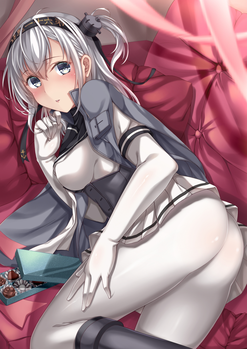 1girl, absurdres, anchor_symbol, ass, black_headband, bodysuit, box, breasts