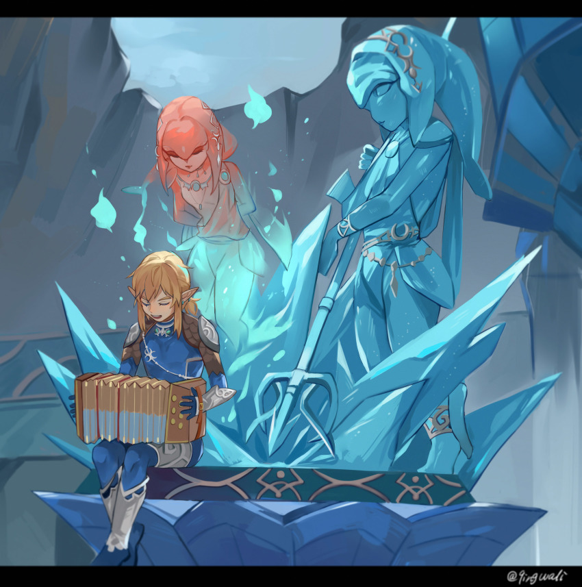 1boy, 1girl, absurdres, accordion, alternate_costume, armor, blonde_hair, blue_bodysuit