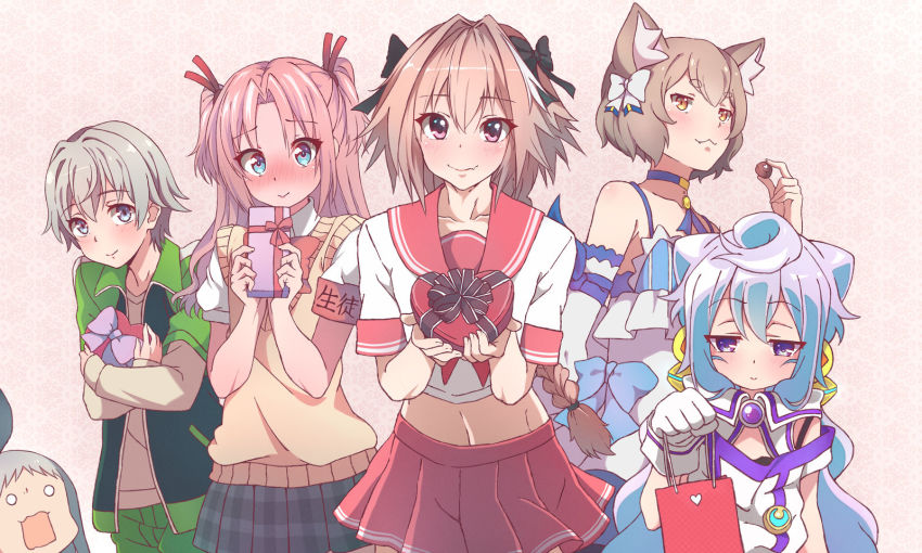 10s, 6+boys, :>, :3, animal_ear_fluff, animal_ears, arikawa_hime, armband, arms_up, astolfo_(fate), astolfo_(sailor_paladin)_(fate), bag, bare_shoulders, blend_s, blouse, blue_choker, blue_eyes, blue_hair, blue_skirt, blush, box, braid, braided_ponytail, brooch, cat_boy, cat_ears, chocolate, choker, collarbone, commentary, cowboy_shot, crossed_arms, crossover, dress, elbow_gloves, embarrassed, english_commentary, fang, fang_out, fate/grand_order, fate_(series), felix_argyle, food, gift, gift_bag, gift_box, gloves, green_pants, hacka_doll, hacka_doll_3, hair_between_eyes, hair_ribbon, heart-shaped_box, highres, himegoto, holding, holding_bag, holding_box, holding_chocolate, holding_food, hugging_object, jacket, jewelry, kanzaki_hideri, kukie-nyan, layered_sleeves, leaning_forward, light_brown_hair, long_hair, long_sleeves, looking_at_another, looking_at_viewer, male_focus, midriff, multiple_boys, multiple_crossover, o_o, official_alternate_costume, open_mouth, orange_eyes, pants, pantyhose, parted_bangs, pink_background, pink_eyes, pink_hair, plaid_clothes, plaid_skirt, pleated_skirt, purple_eyes, re:zero_kara_hajimeru_isekai_seikatsu, red_sailor_collar, red_skirt, ribbon, sailor_collar, school_uniform, serafuku, shirt, short_hair, short_over_long_sleeves, short_sleeves, silver_hair, single_braid, skirt, sleeveless, sleeveless_dress, smile, standing, sweater_vest, totsuka_saika, track_jacket, trait_connection, trap, twintails, upper_body, valentine, white_gloves, white_shirt, yahari_ore_no_seishun_lovecome_wa_machigatteiru.