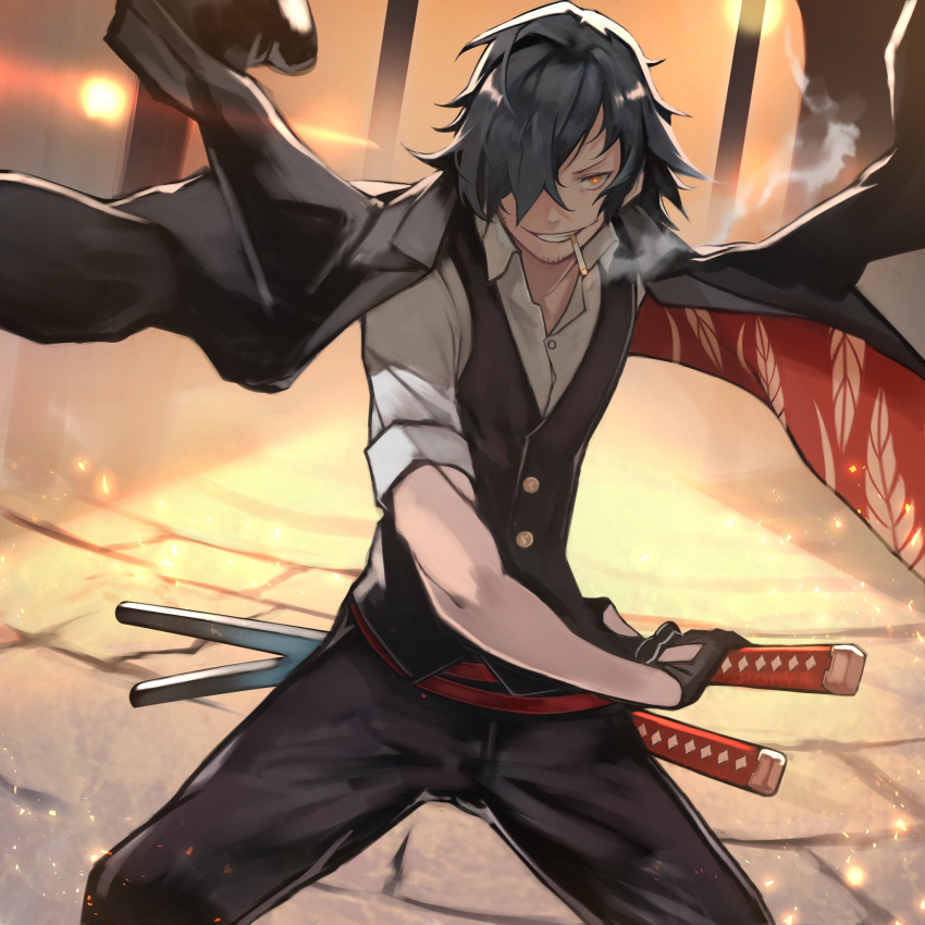 1boy, bad_id, bad_pixiv_id, belt, black_gloves, black_hair, black_jacket, black_legwear