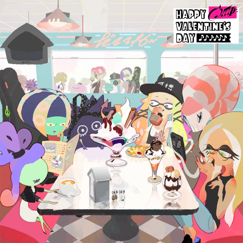 2boys, 6+girls, oonie_(splatoon), absurdres, zuzu_(splatoon), black_ribbon, black_shirt, blouse, booth_seating, cellphone, coffee, colored_skin, commentary_request, denim, diner, food, french_fries, green_skin, happy_valentine, hat, headphones, highres, ice_cream, quinn_(splatoon), inkling, inkling_boy, inkling_girl, inkling_player_character, inoue_seita, jeans, jellyfish_(splatoon), karen_(splatoon), kitamura_(splatoon), latte_art, long_hair, maya_(splatoon), menu, multicolored_hair, multiple_boys, multiple_girls, napkin_holder, nautilus_(animal), nintendo, no_eyes, official_art, pants, parfait, pepper_shaker, phone, pointy_ears, purple_hair, red_hair, ribbon, salt_shaker, sea_urchin, shirt, sitting, sleeveless, sleeveless_shirt, smartphone, splatoon_(series), splatoon_2, spoon, sundae, table, tentacle_hair, tentacle_piercing, tile_floor, tiles, tray, valentine, mashup_(splatoon), yoko_(splatoon)
