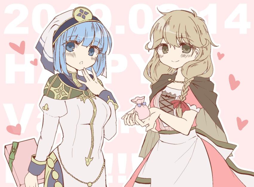 2019, 2girls, apron, bag, blue_eyes, blue_hair, box, braid