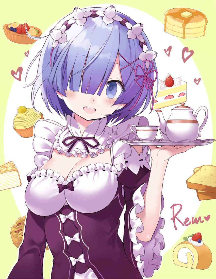 1girl, :d, black_dress, black_sleeves, blue_eyes, blue_hair, blush, bread, bread_slice, breasts, cake, cake_slice, character_name, cleavage, commentary_request, crepe_cake, cup, detached_sleeves, dress, female_focus, food, fruit_tart, green_background, hair_ornament, hair_over_one_eye, hair_ribbon, head_tilt, heart, holding, holding_tray, juliet_sleeves, kuhotaka, long_sleeves, medium_breasts, open_mouth, pancake, pancake_stack, pie, pink_ribbon, puffy_sleeves, re:zero_kara_hajimeru_isekai_seikatsu, rem_(re:zero), ribbon, short_hair, sleeveless, sleeveless_dress, smile, solo, strawberry_shortcake, swiss_roll, syrup, tart_(food), teacup, teapot, teeth, tray, two-tone_background, upper_body, upper_teeth_only, white_background, wide_sleeves, x_hair_ornament