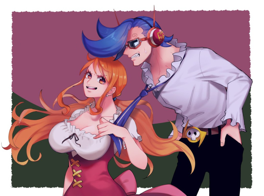 1boy, 1girl, blue_hair, breasts, cleavage, large_breasts, long_hair, nami_(one_piece)