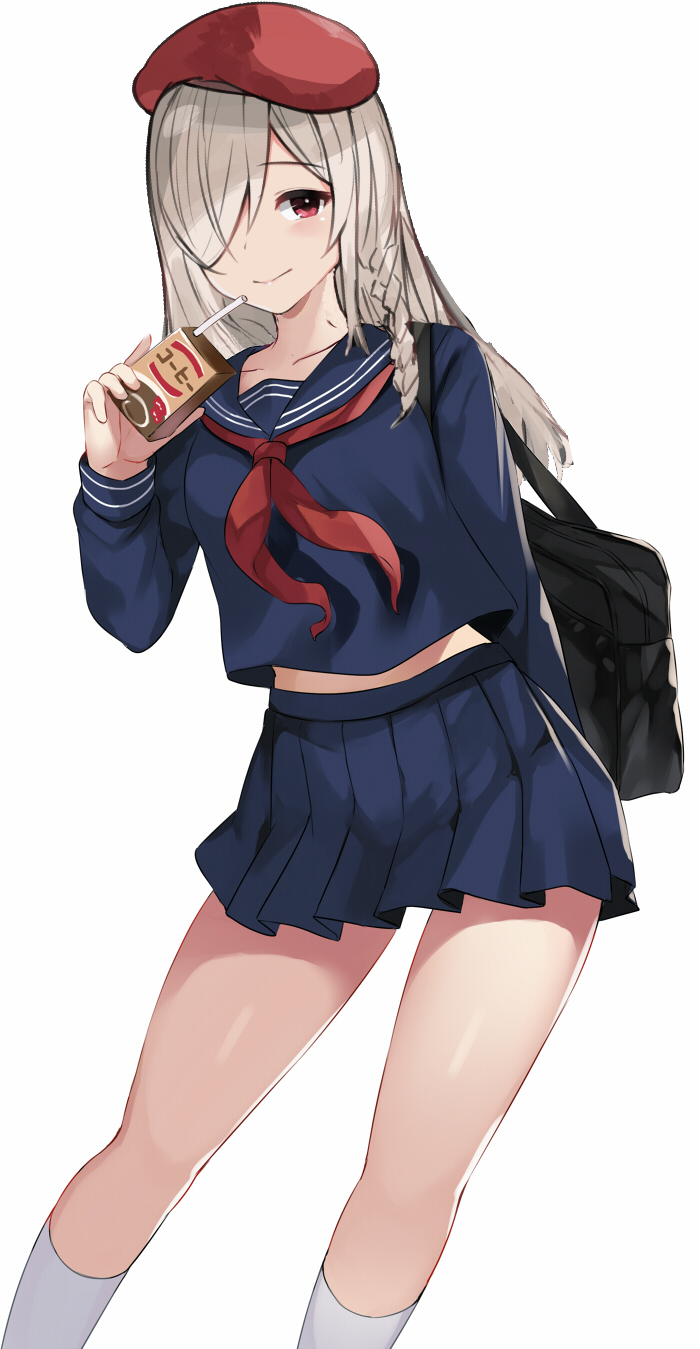 1girl, arm_behind_back, artoria_pendragon_(fate), bag, beret, black_bag, blue_sailor_collar, blue_serafuku