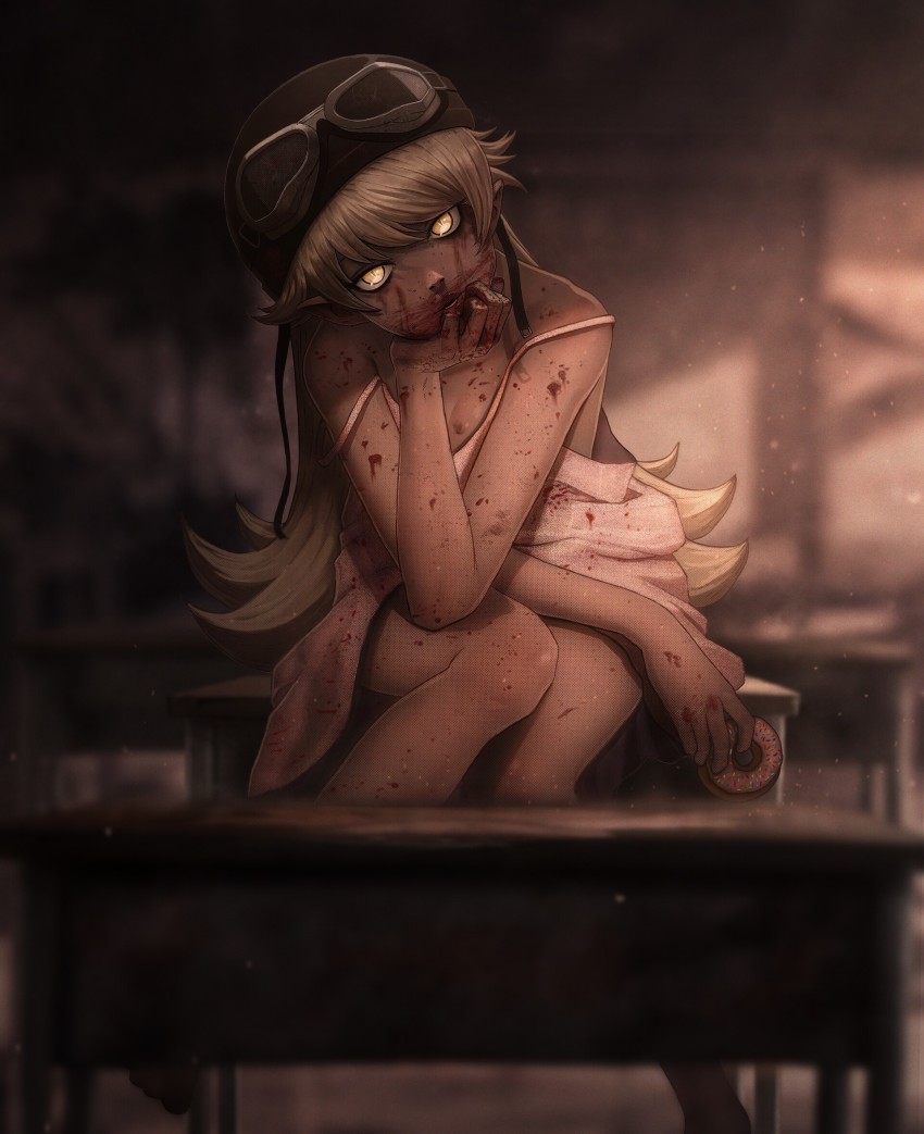 bakemonogatari, blonde_hair, blood, blood_on_face, blood_splatter, classroom, desk, donut
