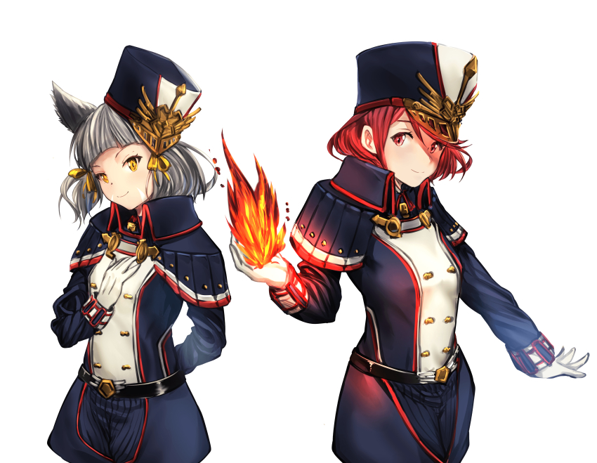 2girls, absurdres, animal_ears, armor, bad_id, bad_pixiv_id, belt, breasts, cat_ears, cosplay, fire, gloves, hat, high_collar, highres, huge_filesize, looking_at_viewer, military, military_hat, military_uniform, morag_ladair_(xenoblade), morag_ladair_(xenoblade)_(cosplay), multiple_girls, nia_(xenoblade), nintendo, pauldrons, poteto_(potetosarada123), pyra_(xenoblade), red_eyes, ribbon, short_hair, shoulder_armor, simple_background, small_breasts, smile, swept_bangs, white_background, white_gloves, xenoblade_chronicles_(series), xenoblade_chronicles_2, yellow_eyes