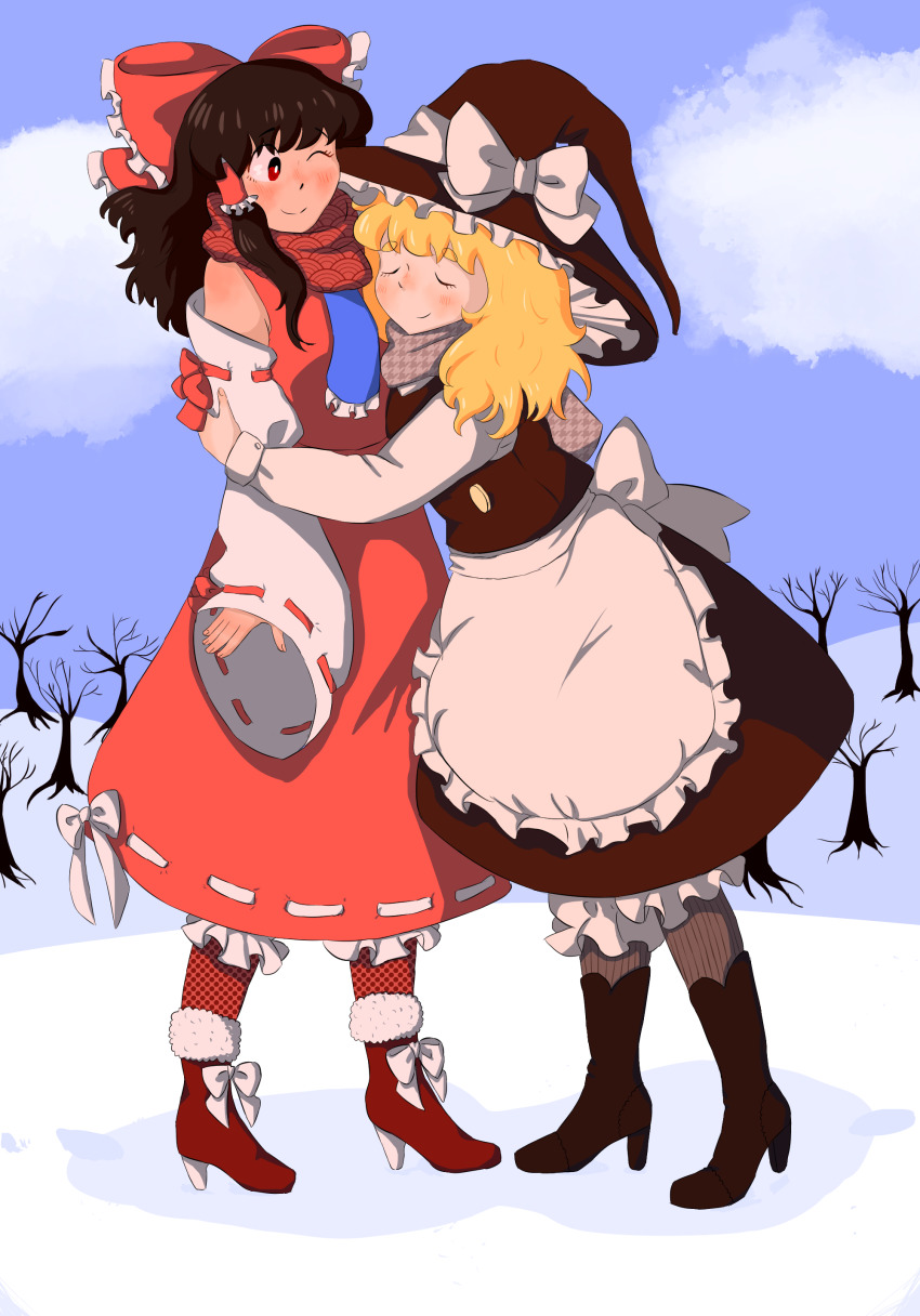 2girls, absurdres, ankle_boots, bare_shoulders, bare_tree, black_footwear, black_hair, blonde_hair, bloomers, blue_neckwear, blush, body_blush, boots, bow, breasts, checkered_clothes, checkered_legwear, closed_eyes, cloud, daitoko, detached_sleeves, fingernails, footwear_bow, full_body, fur-trimmed_boots, fur_trim, hair_bow, hair_ribbon, hair_tubes, hakurei_reimu, hat, hat_bow, hat_ribbon, height_difference, high_heel_boots, high_heels, highres, kirisame_marisa, large_bow, long_hair, long_skirt, long_sleeves, looking_at_another, medium_breasts, medium_hair, messy_hair, multiple_girls, one_eye_closed, outdoors, pantyhose, pinstripe_legwear, pinstripe_pattern, red_eyes, red_footwear, ribbon, ribbon-trimmed_sleeves, ribbon_trim, scarf, skirt, skirt_set, smile, snow, striped, thick_eyebrows, touhou, tree, underwear, vest, wavy_hair, wide_sleeves, witch_hat, yuri