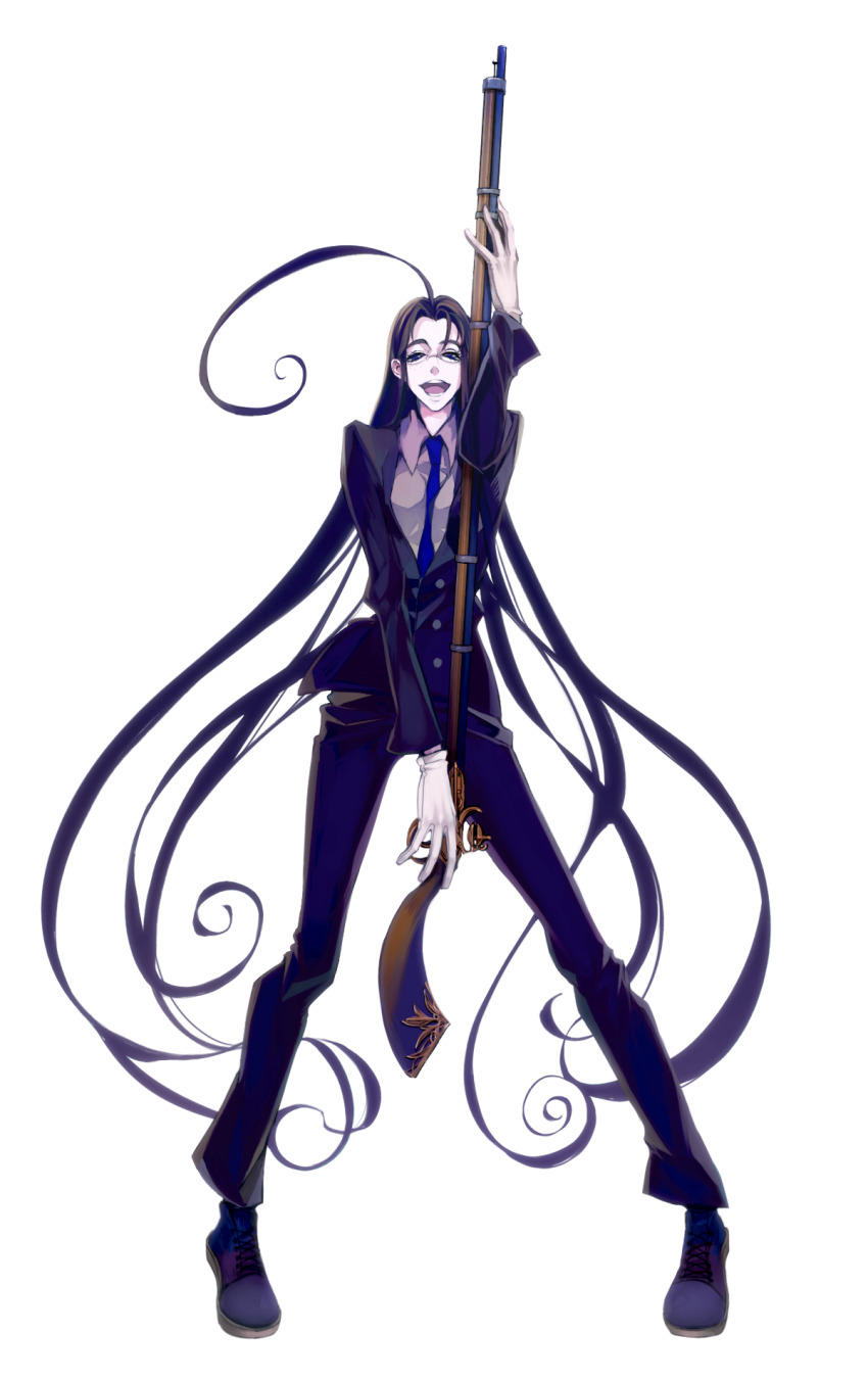 1girl, ahoge, black_hair, blue_eyes, deyamiro, female_focus, formal_clothes, freckles, full_body, glasses, gloves, gun, hellsing, highres, huge_ahoge, long_hair, musket, necktie, open_mouth, rip_van_winkle_(hellsing), simple_background, solo, thick_eyebrows, very_long_hair, weapon, white_background, white_gloves