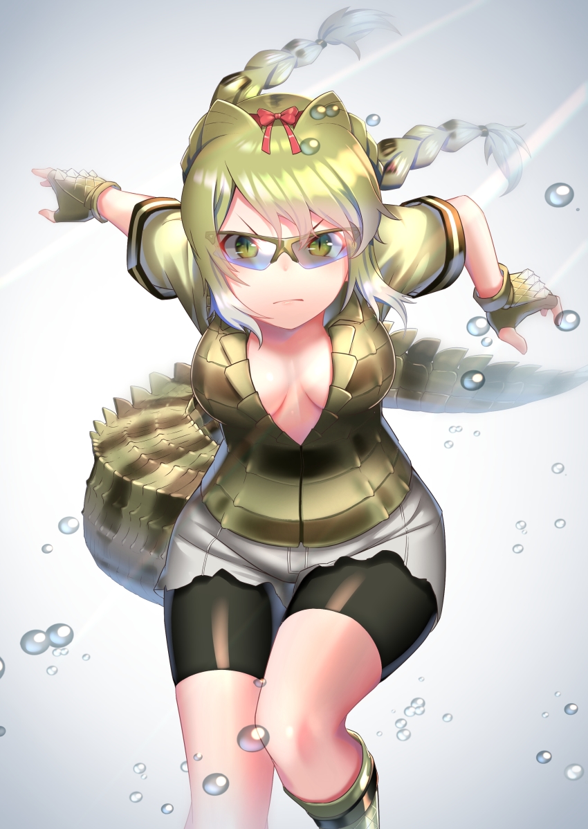 absurdres, akuma_(st.takuma), alternate_eyewear, boots, braid, braided_ponytail, breasts, cleavage