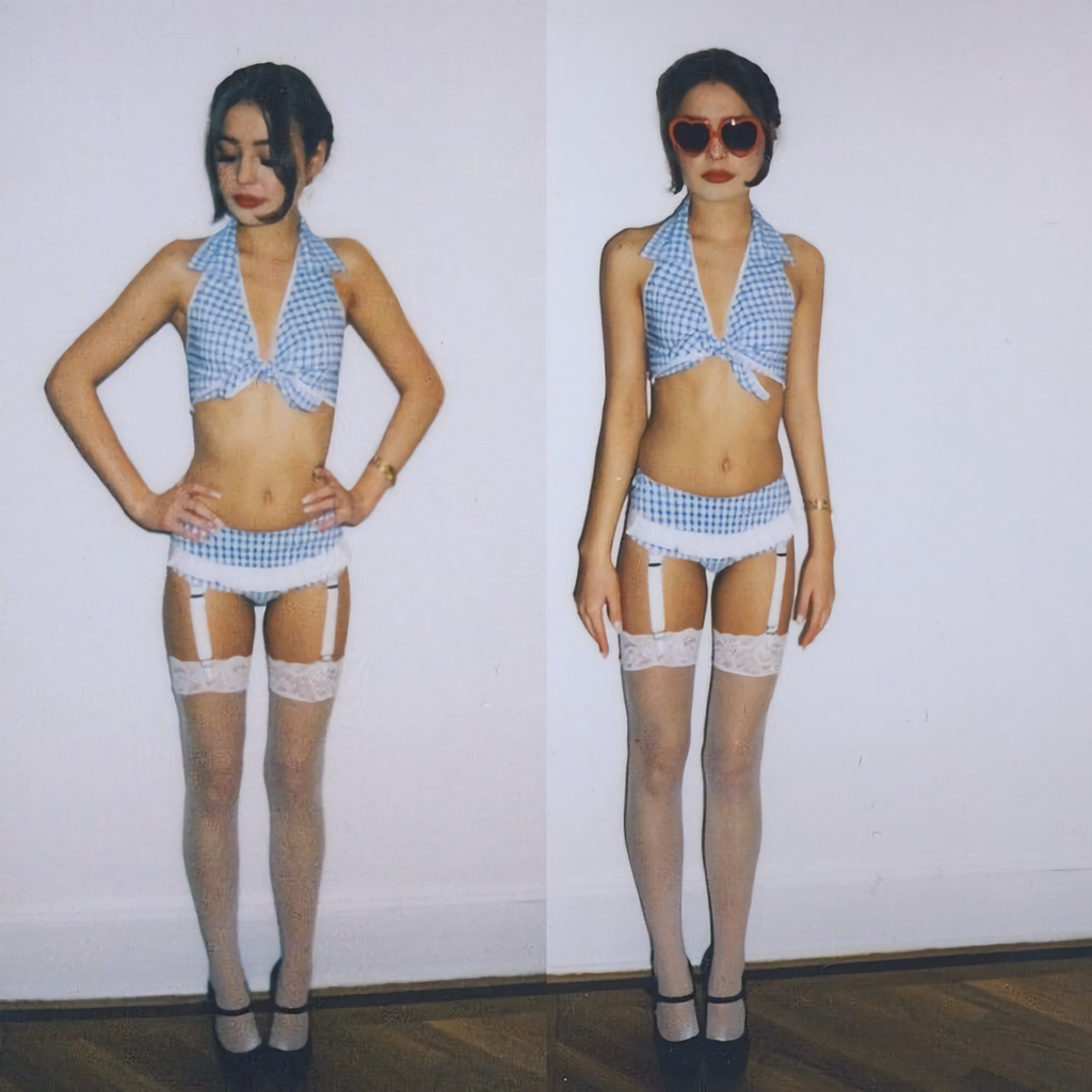 1girl, arms_at_sides, artist_request, bare_arms, bare_shoulders, barefoot, bikini, breasts, cosplay, costume, dolores_haze_(nabokov's_lolita), dolores_haze_(nabokov's_lolita)_(cosplay), facing_viewer, female_focus, full_body, garter_straps, hands_on_own_hips, heart, heart-shaped_eyewear, indoors, lace, lace-trimmed_legwear, lace_trim, nabokov's_lolita, navel, petite, photo_(medium), shoes, skinny, small_breasts, solo, split_image, standing, sunglasses, swimsuit, tagme, thighhighs, white_garter_straps, white_thighhighs, wooden_floor