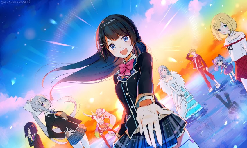 2boys, 6+girls, :d, ^_^, absurdres, ahoge, animal_slippers, arms_at_sides