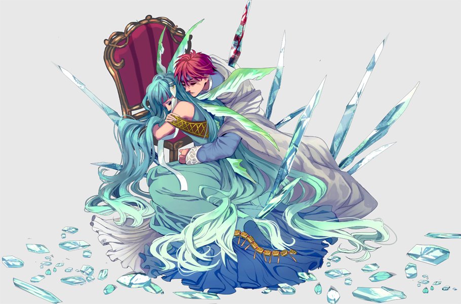 1boy, 1girl, absurdly_long_hair, blue_hair, cape, closed_eyes, dress, eliwood_(fire_emblem)