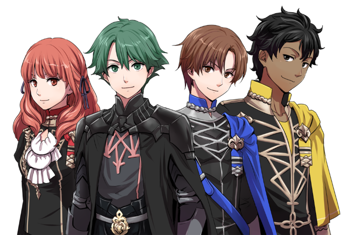 1girl, 3boys, alm_(fire_emblem), armor, ascot, black_hair, blue_eyes, brown_eyes