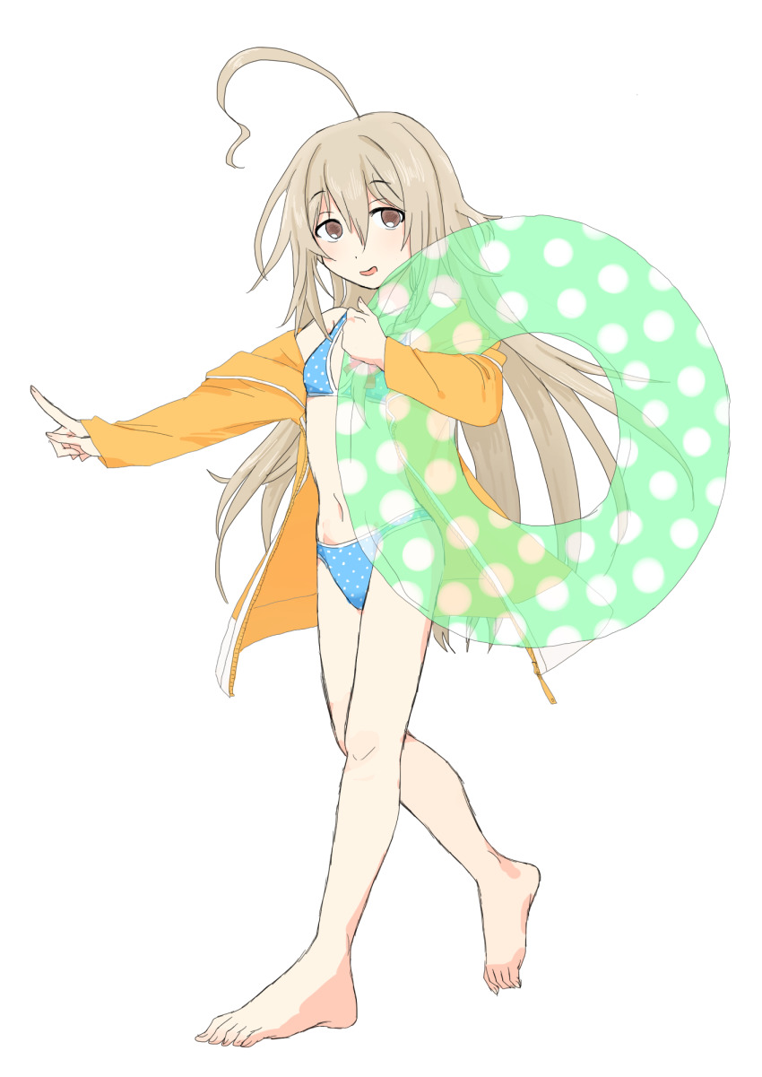 1girl, a_ichi, ahoge, alternate_eye_color, alternate_hair_color, barefoot, bikini, blue_bikini