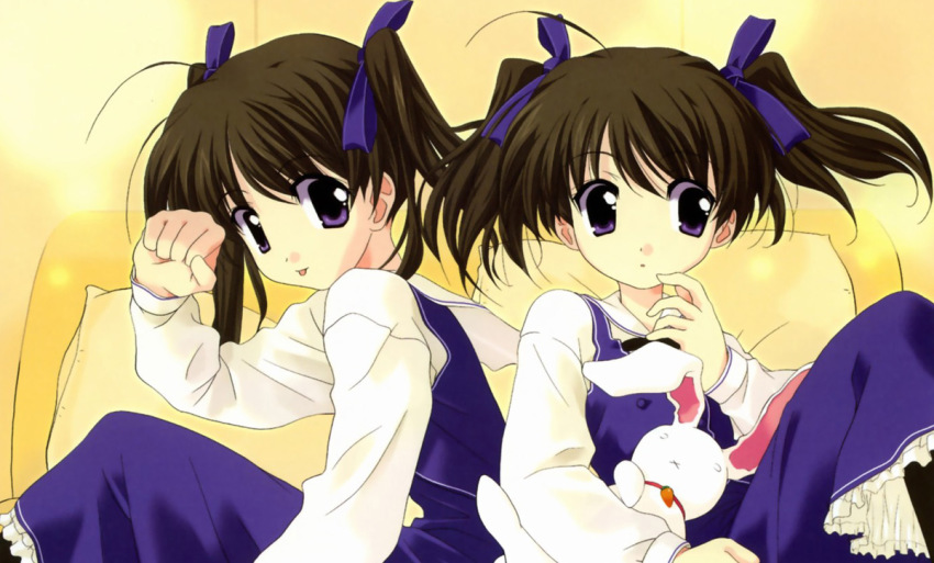 00s, 2girls, brown_hair, futakoi, hinagiku_lala, hinagiku_lulu, multiple_girls, purple_eyes