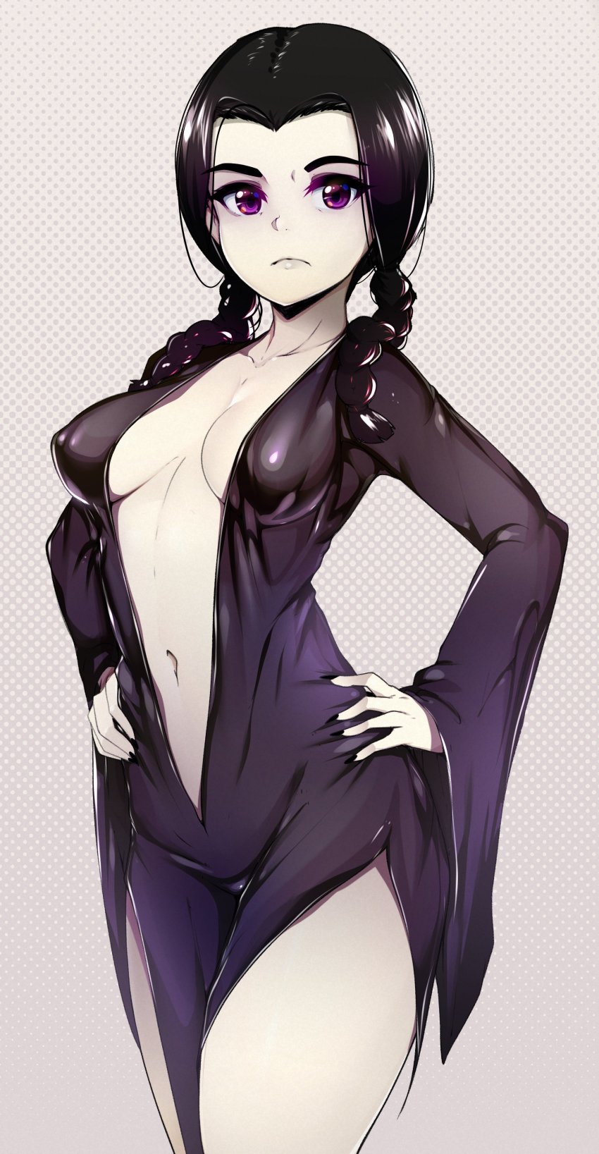 1girl, absurdres, the_addams_family, bad_id, bad_twitter_id, black_dress, black_hair, braid, breasts, center_opening, closed_mouth, collarbone, cosplay, dress, female_focus, grey_background, hands_on_own_hips, highres, looking_at_viewer, medium_breasts, morticia_addams_(cosplay), navel, pale_skin, polka_dot, polka_dot_background, purple_eyes, short_hair, slugbox, solo, thick_eyebrows, twin_braids, wednesday_addams