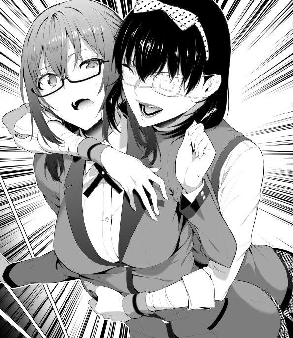 2girls, bandaged_arm, bandages, black_hair, blazer, bow, breasts, closed_eyes, collared_shirt, earrings, eyepatch, glasses, greyscale, hair_between_eyes, hairband, hiiragi_yuuichi, hug, hug_from_behind, ikishima_midari, jacket, jewelry, kakegurui, kakegurui_midari, large_breasts, long_hair, long_sleeves, monochrome, multiple_girls, nureba_ayame, official_art, one_eye_covered, open_mouth, piercing, pleated_skirt, school_uniform, semi-rimless_eyewear, shirt, short_hair, skirt, smile, sweat, upper_body, white_shirt, yuri