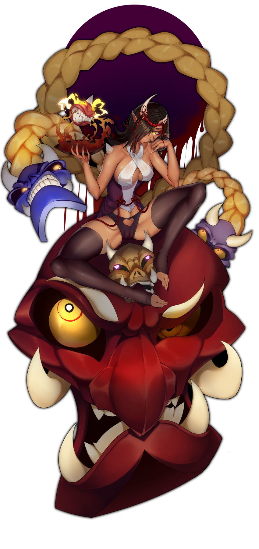 1girl, absurdres, black_hair, brown_thighhighs, cameltoe, clenched_teeth, closed_mouth, clothing_cutout