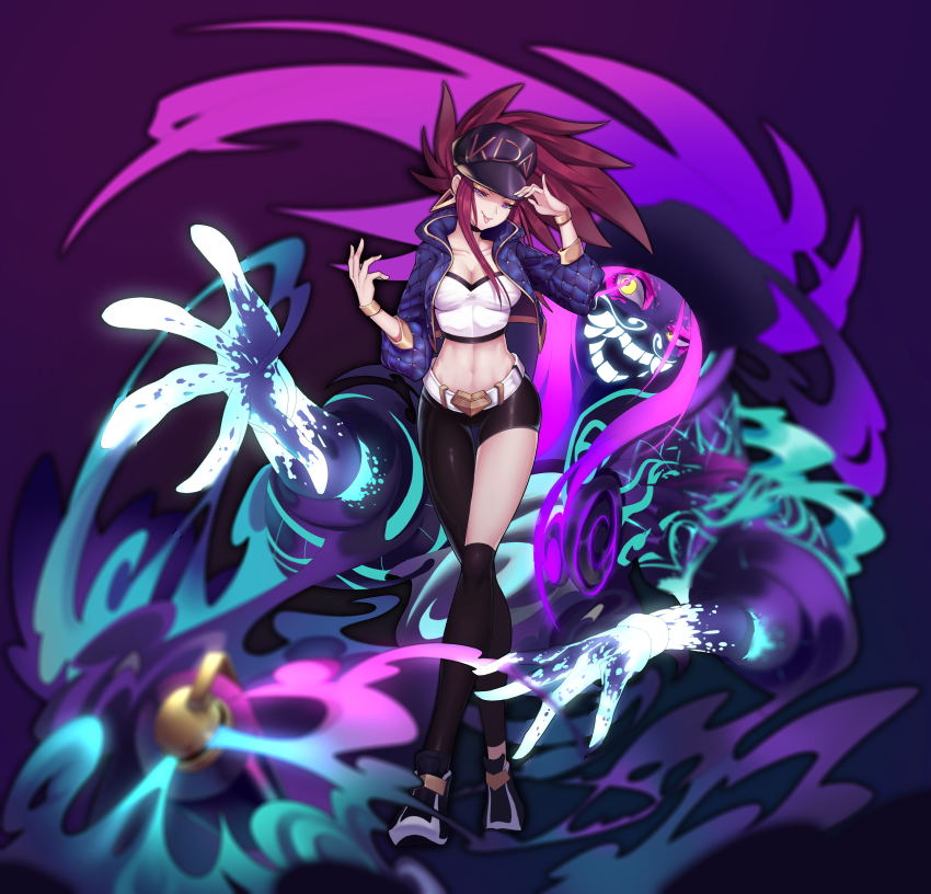 1girl, absurdres, akali, asymmetrical_legwear, bell, belt, belt_buckle, black_thighhighs, bracelet, brown_hair, buckle, earrings, eyeshadow, glowing, glowing_eyes, gradient_background, hat, highres, jewelry, jiuling, k/da_(league_of_legends), k/da_akali, league_of_legends, makeup, mask, mismatched_legwear, navel, official_alternate_costume, paint, paint_on_clothes, paint_splatter, paint_splatter_on_face, ponytail, purple_eyes, purple_hair, smoke, thighhighs, tongue, tongue_out, ultraviolet_light, white_belt, yellow_eyes