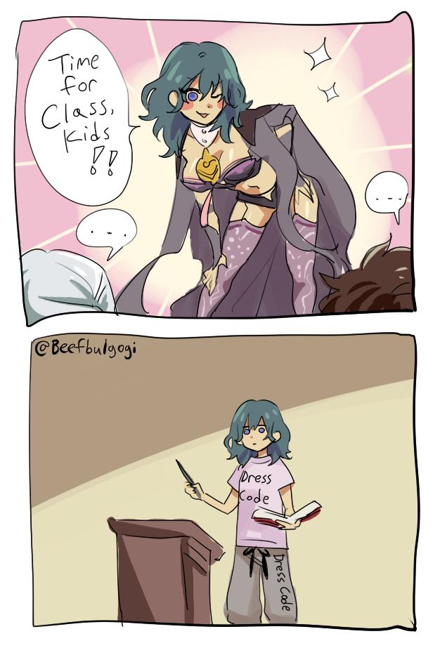 1boy, 2girls, blouse, blue_eyes, blue_hair, blush, breasts, brown_hair, female_byleth_(fire_emblem), cape, claude_von_riegan, comic, dark_skin, edelgard_von_hresvelg, english_text, fire_emblem, fire_emblem:_three_houses, gloves, grey_background, hair_ornament, long_hair, looking_at_viewer, multiple_girls, navel, nintendo, one_eye_closed, pants, sexually_suggestive, shirt, short_hair, simple_background, smile, thighhighs, tofucakes, uniform, white_shirt