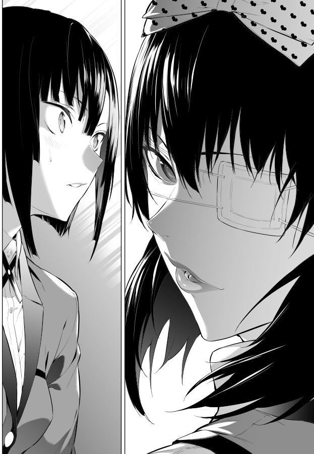 2girls, blazer, bow, breasts, eyepatch, greyscale, habakiri_naoe, hair_between_eyes, hair_bow, hairband, heart, heart_print, hiiragi_yuuichi, ikishima_midari, jacket, kakegurui, kakegurui_midari, lips, looking_at_another, looking_at_viewer, monochrome, multiple_girls, official_art, parted_lips, school_uniform, shirt, short_hair, small_breasts, surprised, sweat, white_shirt