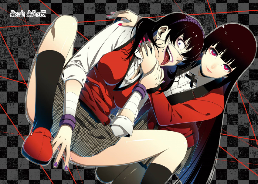 2girls, bandaged_arm, bandages, black_hair, black_ribbon, black_socks, blazer, blunt_bangs